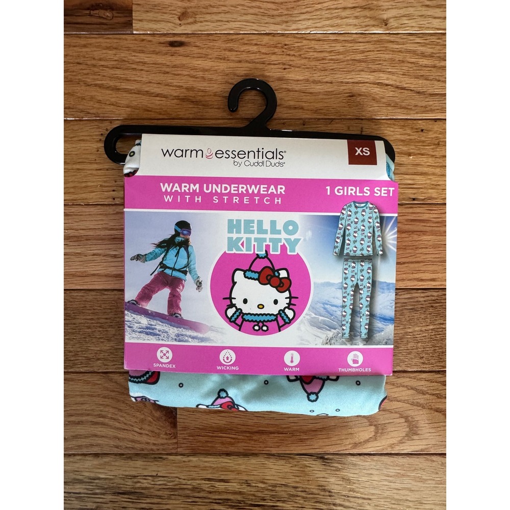 Warm Essentials Cuddl Duds Hello Kitty Girls Thermal Set XS 4/5 Blue Base Layer
